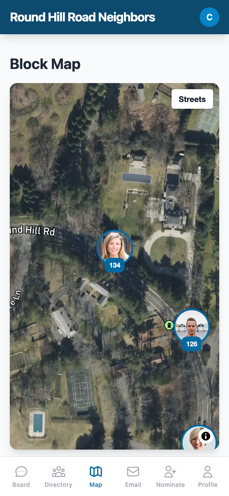 Interactive satellite map showing neighbor pins on a real street
